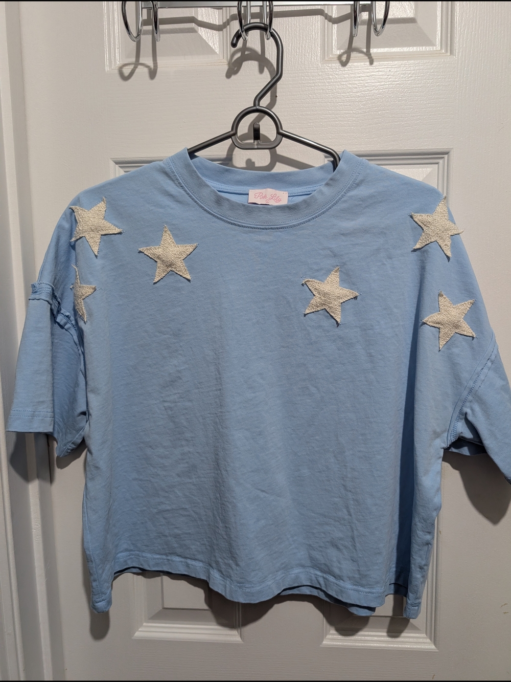 Pink Lily Light Blue Crop Tee with Cream Star Appliqués